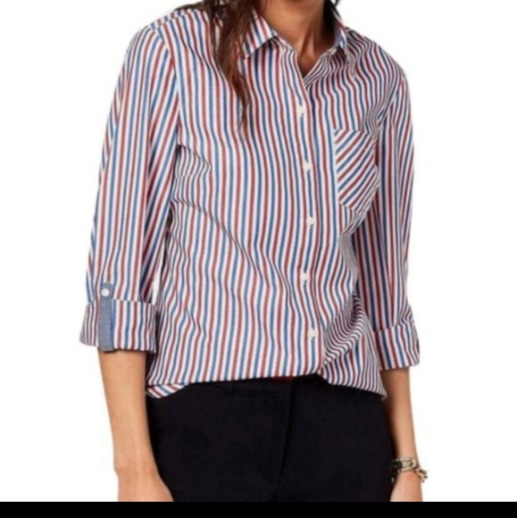 Tommy Hilfiger Striped Button Down Shirt Red Blue White Cotton - Picture 1 of 7